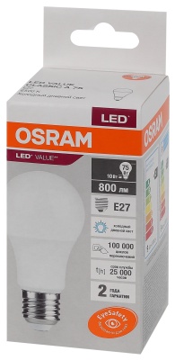 Лампа светодиодная LED 10 Вт E27 6500К 800Лм груша 220 В (замена 75Вт) OSRAM