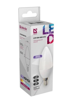 Defender Лампочка светодиодная C37-8W-865-E14 свеча, 6500 К, холодный дневной, 1 шт.