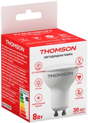 Лампа светодиодная Thomson TH-B2054 8Вт цок.:GU10 полусф. 220B 4000K св.свеч.бел.нейт. MR16 (упак.:1шт)
