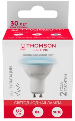 Лампа светодиодная Thomson TH-B2327 8Вт цок.:GU10 полусф. 220B 6500K св.свеч.бел.хол. MR16 (упак.:1шт)