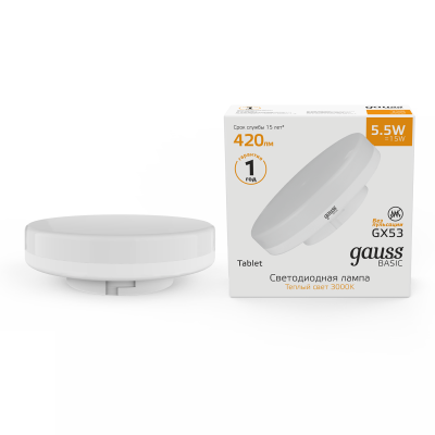 Лампа светодиодная Gauss Basic 10849162 5.5Вт цок.:GX53 таблетка 220B 3000K св.свеч.бел.теп. (упак.:1шт)
