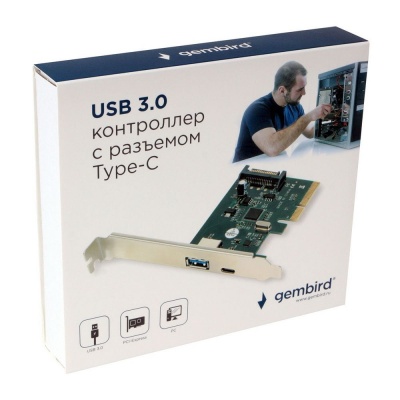 Контроллер USB Gembird SPCR-02 PCI-express, порты: 2 внешн. USB 3.1 Type-C и Type-A