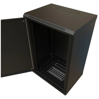 Шкаф Hyperline WRline WR-TW-1845-SR-RAL9004 Шкаф настенный 19-дюймовый (19"), 18U, 908x600х450мм, цельнометаллическая дверь с замком, цвет черный (RAL9004) (разобранный)