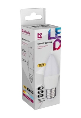 Defender Лампочка светодиодная C37-8W-830-E27 свеча, 3000 К, теплый белый, 1 шт.