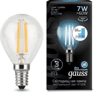 Лампа светодиодная Gauss Filament 7Вт цок.:E14 шар 220B 4100K св.свеч.бел.нейт. P45 (упак.:1шт) (105801207)