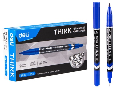 Маркер перманентный Deli EU211-BL двойной пиш. наконечник 0.5-1мм синий