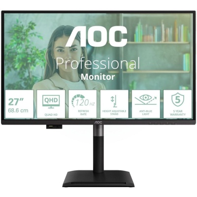 Монитор 27" AOC Q27P4U IPS 2560x1440, 120 Гц, 4 мс, 16:9, 350 кд/м², 2xHDMI 2.0, DP 1.2, USB-C (15 Вт PD), USB Hub (3x USB-A), 3.5 Jack, динамики (2x2 Вт), HDR10, Adaptive-Sync, черный