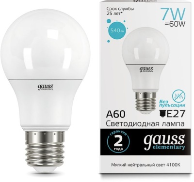 Лампа светодиодная Gauss Elementary A60 7Вт цок.:E27 груша 220B 4100K св.свеч.бел.ней. (упак.:1шт) (23227A)