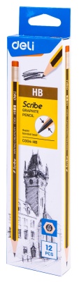 Карандаш чернографит. Deli EC004-HB HB шестигран. ластик коробка картонная (12шт)