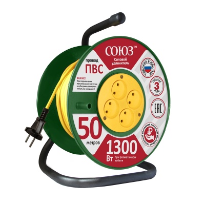Удлинитель ТМ Союз силовой на катушке с 4 гнезда 1300 Вт 50м