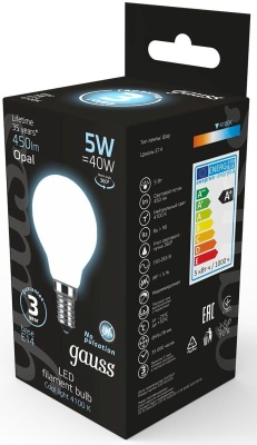 Лампа светодиодная Gauss Filament 5Вт цок.:E14 шар 220B 4100K св.свеч.бел.нейт. (упак.:1шт) (105201205)