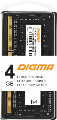Память DDR3L 4Gb 1600MHz Digma DGMAS31600004S RTL PC3-12800 CL11 SO-DIMM 204-pin 1.35В single rank