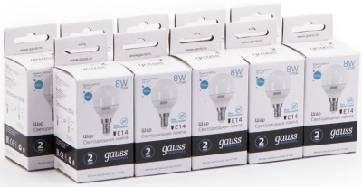 Лампа светодиодная Gauss Elementary 8Вт цок.:E14 шар 220B 4100K св.свеч.бел.ней. P45 (упак.:10шт) (53128)