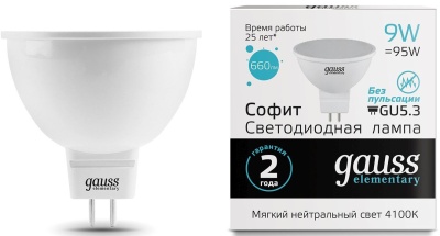 Лампа светодиодная Gauss Elementary MR16 9Вт цок.:GU5.3 спот 220B 4100K св.свеч.бел.ней. MR16 (упак.:10шт) (13529)