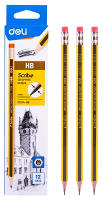 Карандаш чернографит. Deli EC004-HB HB шестигран. ластик коробка картонная (12шт)