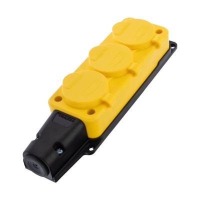 REXANT 111-126 Розетка каучуковая 3 гнезда с крышкой (колодка) желтая, с/з, 16А, IP54