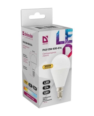 Defender Лампочка светодиодная P45-12W-830-E14 шар, 3000 К, теплый белый, 1 шт.
