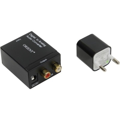 ORIENT аудио преобразователь 2.0 DAC0202N, преобразование цифрового аудио сигнала в аналоговый стерео, входы: 2x опт.Toslink/1x коакс.RCA, выходы: 2xRCA (L/R), в комплекте блок питания (29913)