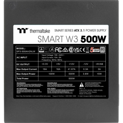 Блок питания ПК Thermaltake Smart W3 500 /Non Modular/Non Light/Full Range/Analog/80 Plus/EU/Non JP CAP/All Flat Cables/ATX 3.1