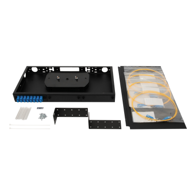 Кросс оптический 19" (ШКОС) укомплектованный на 8 SC портов, черный (комплект с розетками и пигтейлами)