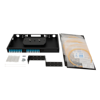 Кросс оптический 19" (ШКОС) укомплектованный на 32 LC порта, черный (комплект с розетками и пигтейлами)