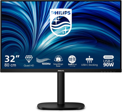 Монитор 31,5" Philips 32B2U3601 2560x1440, WLED, 16:9, IPS, 350cd, 1500:1, 50М:1, 4ms, 178/178, HDMI, DP,USB-hub 4хUSB 3.2, USB-C(PD90W), RJ45, 100Hz, Speakers, Tilt, HAS, Swivel, Pivot, Internal, VESA, Black