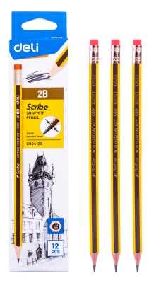 Карандаш чернографит. Deli EC004-2B 2B шестигран. ластик коробка картонная (12шт)