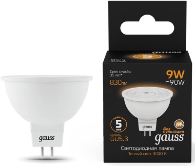 Лампа светодиодная Gauss 101505109 9Вт цок.:GU5.3 рефлек. 150B 3000K св.свеч.бел.теп. MR16 (упак.:1шт)