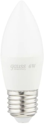 Лампа светодиодная Gauss Elementary 6Вт цок.:E27 свеча 220B 3000K св.свеч.бел.теп. C37 (упак.:10шт) (33216)