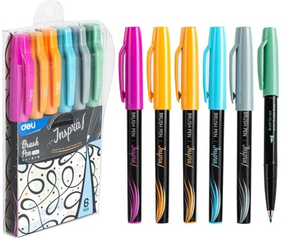 Набор ручек ручка-кисть Deli Inspira EU304 черн ассор. черн. блистер ев. 6цв. на водной основе