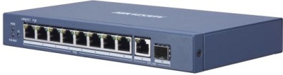 Неуправляемый коммутатор, 8 RJ45 1000M PoE с грозозащитой 6кВ,1 Uplink 1000М Ethernet, 1 1000М SFP uplink, 802.3af/at, бюджет PoE 110Вт, пропускная способность 20Гб/с, 48 VAC, 2.5 A, 0...+40C Hikvision DS-3E0510P-E