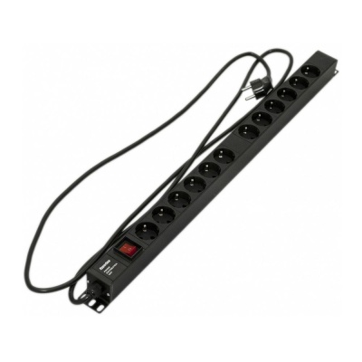 Hyperline SHE-12SH-S-2.5EU Блок розеток, вертикальный, 12 розеток Schuko, выключатель с подсветкой, кабель питания 2.5м (3х1.5мм2) с вилкой Schuko 16A, 250В, 730x44.4x44.4 мм (ДхШхВ), корпус алюминий, черный  (086839)