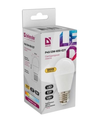 Defender Лампочка светодиодная P45-12W-830-E27 шар, 3000 К, теплый белый, 1 шт.