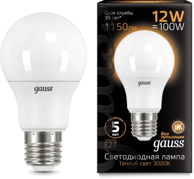 Лампа светодиодная Gauss A60 12Вт цок.:E27 груша 220B 3000K св.свеч.бел.теп. A60 (упак.:1шт) (102502112)