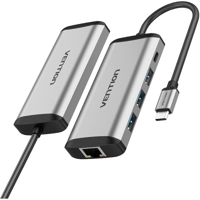 Сетевой адаптер Vention USB-C M/ Gigabit Ethernet RJ45 F/OTG хаб 3xUSB 3.0/PD Адаптер Vention USB 3.1 M/USB 3.0 F x 3/RJ45 F/USB Type C F (TGDHB)