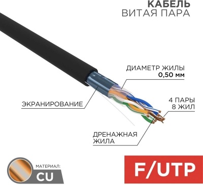 Кабель витая пара F/UTP кат.5E 4х2х24AWG solid CU PE Outdoor черный (м) Rexant 01-0146