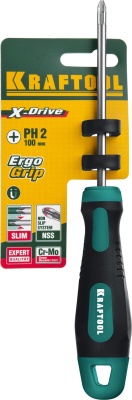 KRAFTOOL Отвертка "EXPERT", Cr-Mo-V сталь, двухкомпонентная противоскользящая рукоятка, PH, №2x100 мм [250072-2-100]