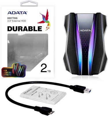 Внешний жесткий диск 2TB A-DATA HD770G, 2,5" , USB 3.2, противоударный, водонепроницаемый, черный
