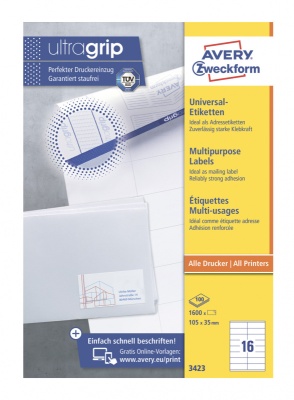 Этикетки Avery Zweckform 3423 A4 105x35мм 16шт на листе/70г/м2/100л./белый матовое самоклей. универсальная