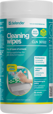 Defender Салфетки для экранов CLN 30322 Optima 100 шт,туба,термобонд Defender CLN 30322 Optima 100 шт, туба, термобонд