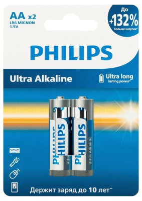 Philips Батарейки LR6E2W/51 АА алкалиновые 1,5v, LR6-2BL Ultra (2/24/144/11520). Блистер 2 шт.