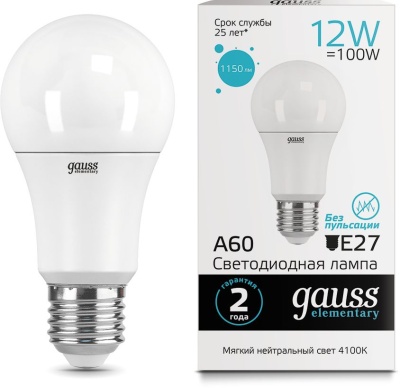 Лампа светодиодная Gauss Elementary A60 12Вт цок.:E27 груша 220B 4100K св.свеч.бел.ней. (упак.:1шт) (23222)
